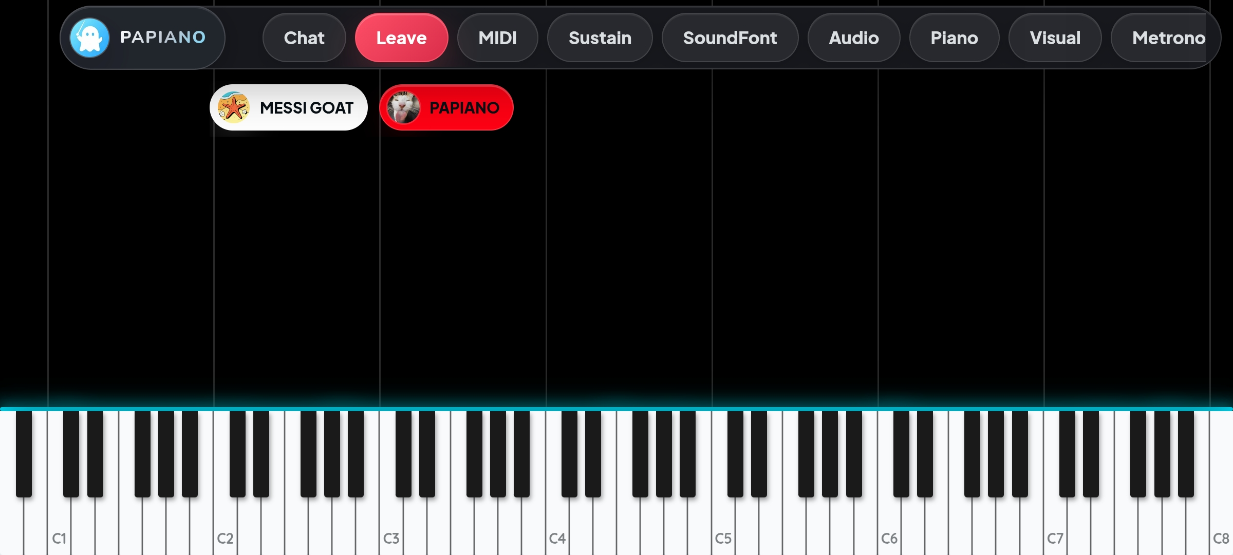 Multiplayer mode preview: a piano room with live chat messages