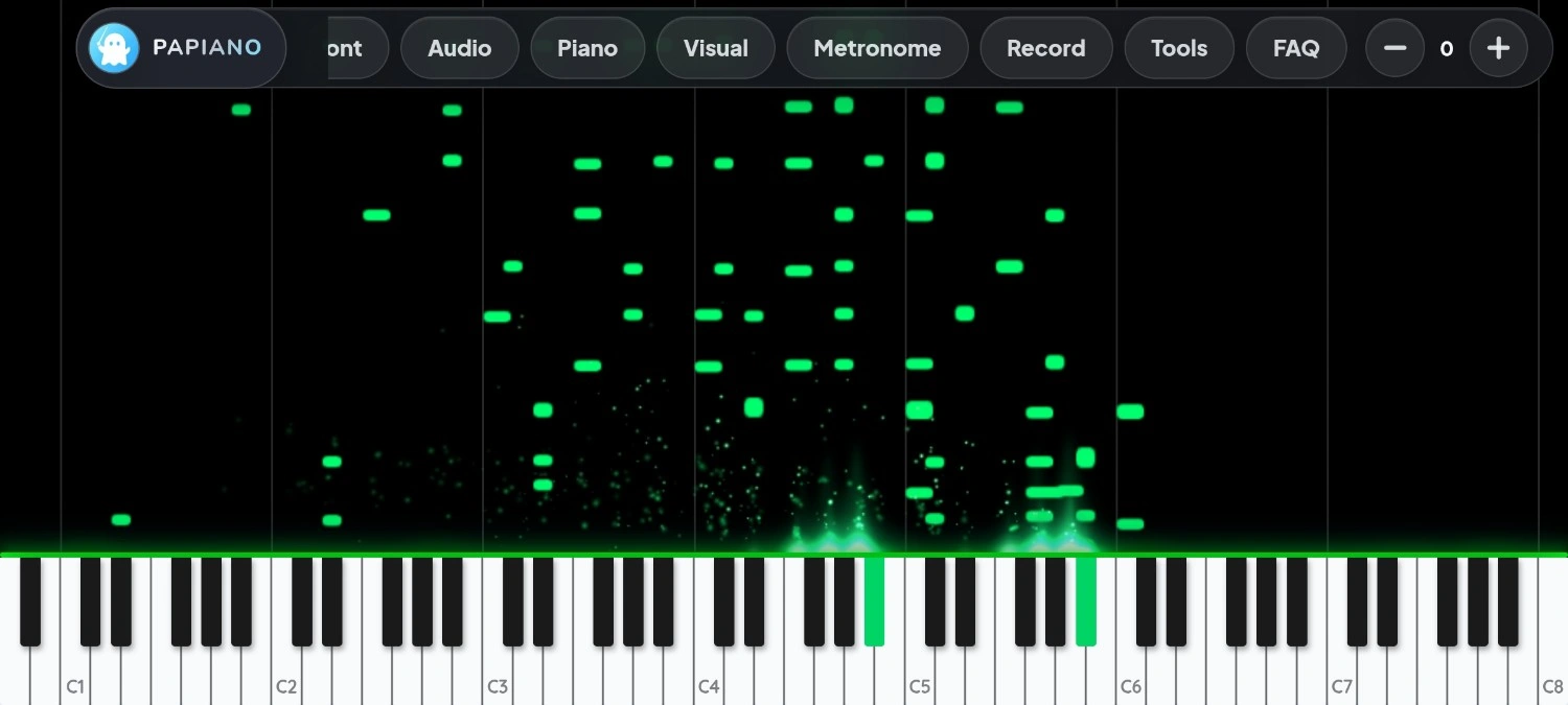 Visualizer mode preview: a loaded song streaming down as falling notes