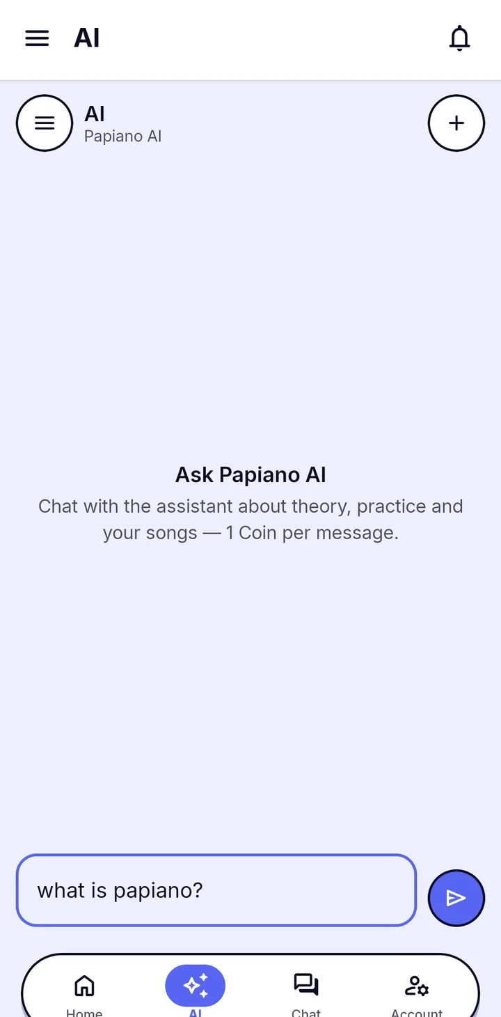 Layar chat Papiano AI dengan kotak pesan dan keterangan bahwa setiap pesan memakai 1 Coin