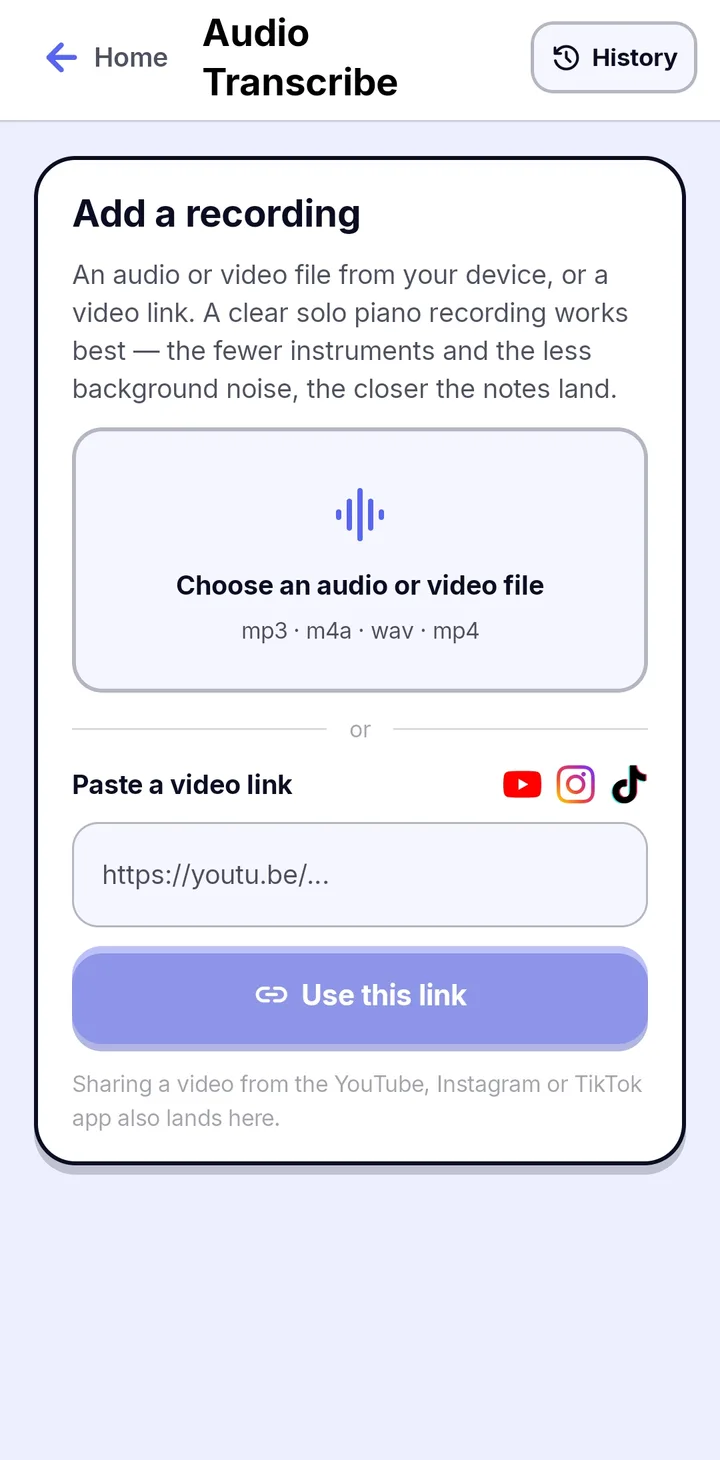 The Audio Transcribe screen in Papiano with a button to choose an audio or video file and a field to paste a YouTube, Instagram or TikTok link