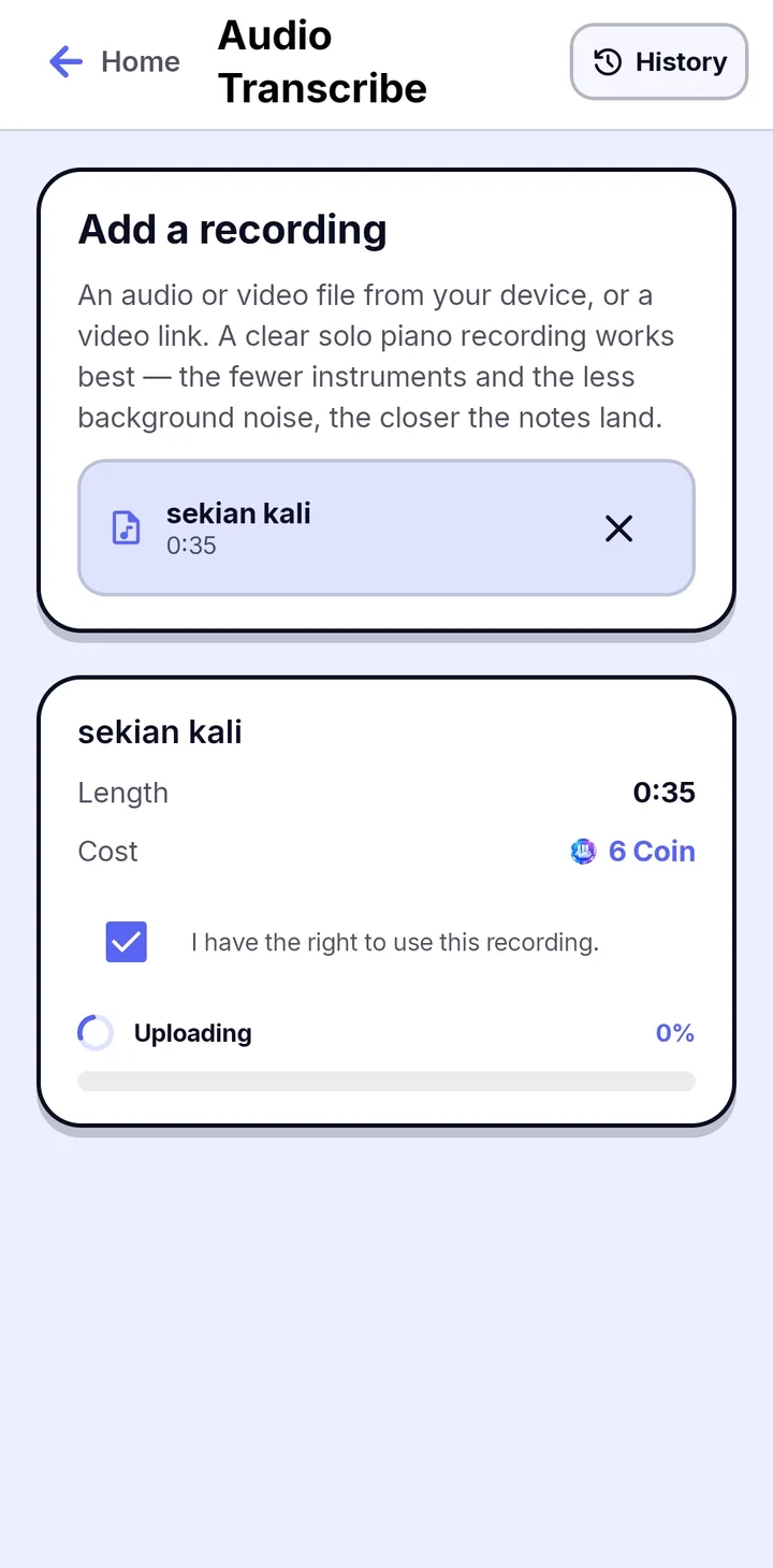 A recording selected in Audio Transcribe showing its length, the Coin cost, a checkbox confirming the right to use it and an upload progress bar