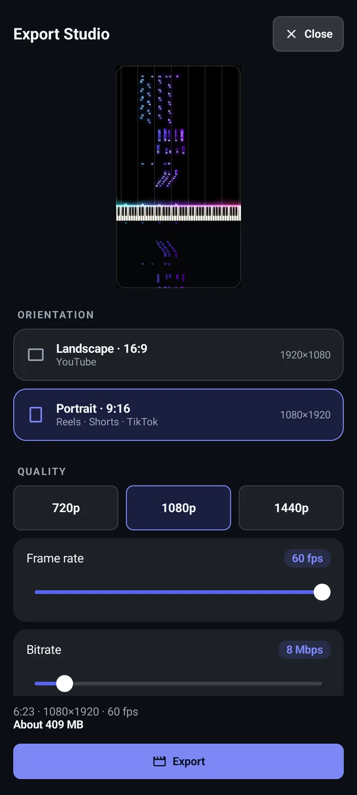 Export Studio Papiano dengan pratinjau, pilihan orientasi Landscape 16:9 dan Portrait 9:16, pilihan kualitas 720p, 1080p, dan 1440p, serta slider frame rate dan bitrate