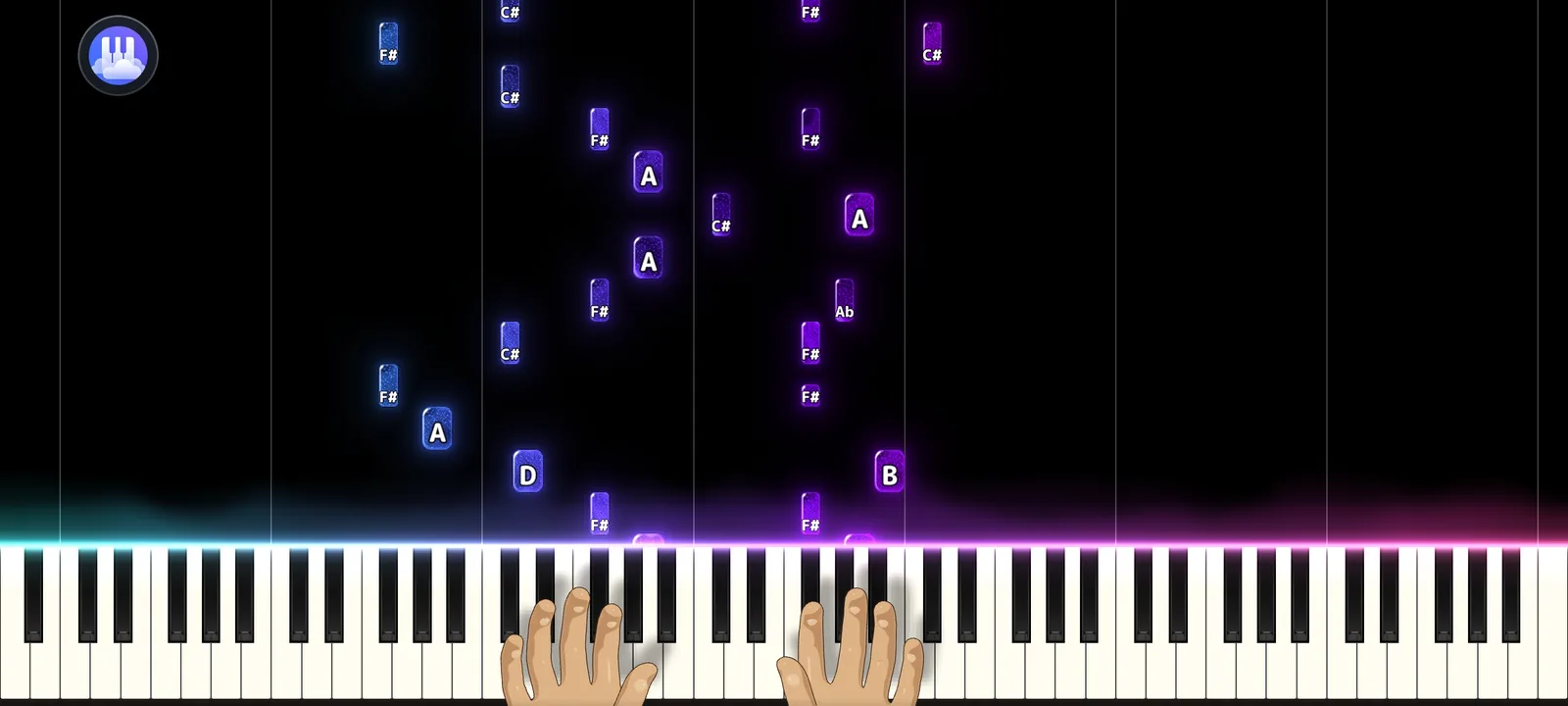 Visualizer Papiano dalam mode lanskap: falling notes ungu dan biru lengkap dengan nama not jatuh ke keyboard piano yang menyala dengan dua tangan