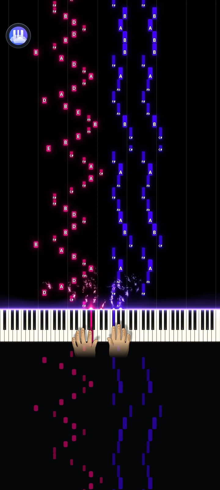 Papiano in portrait: glowing falling notes drop onto a 3D piano keyboard with two hands playing