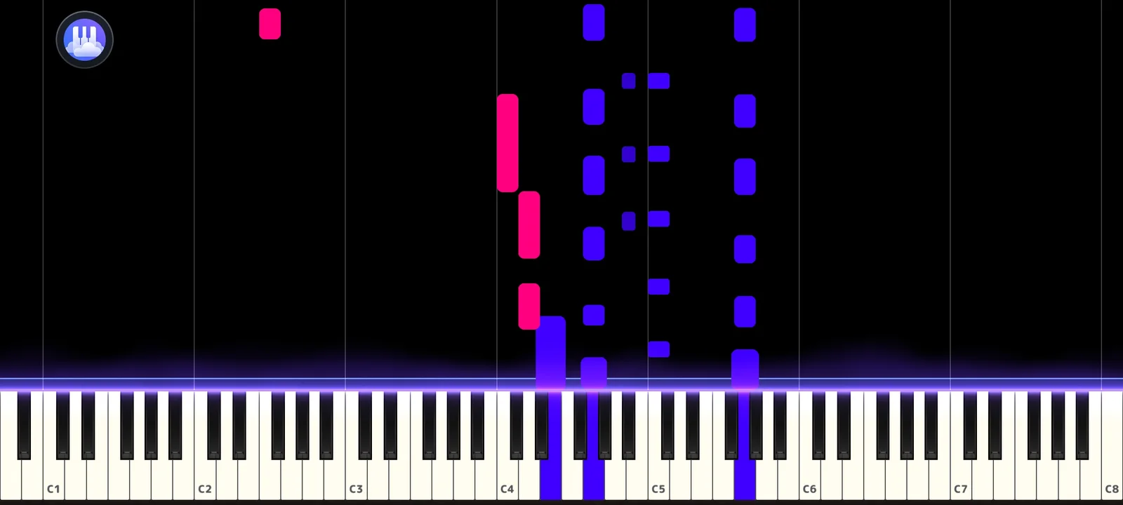 Papiano Learn Song in landscape with pink and blue falling notes above a piano keyboard with three keys lit