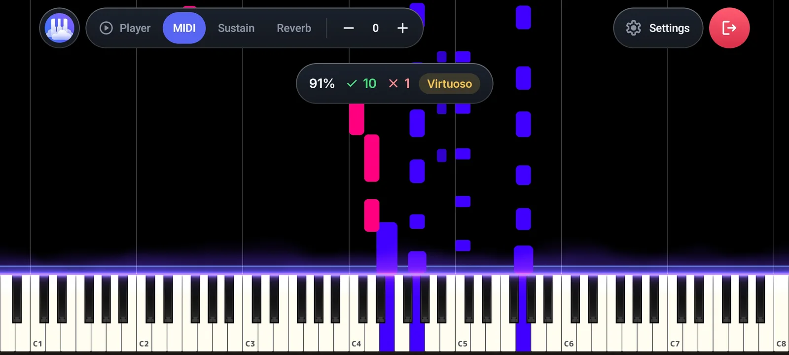 Papiano Learn Song with a score bar showing 91% accuracy, 10 correct, 1 wrong and the Virtuoso tier above falling notes