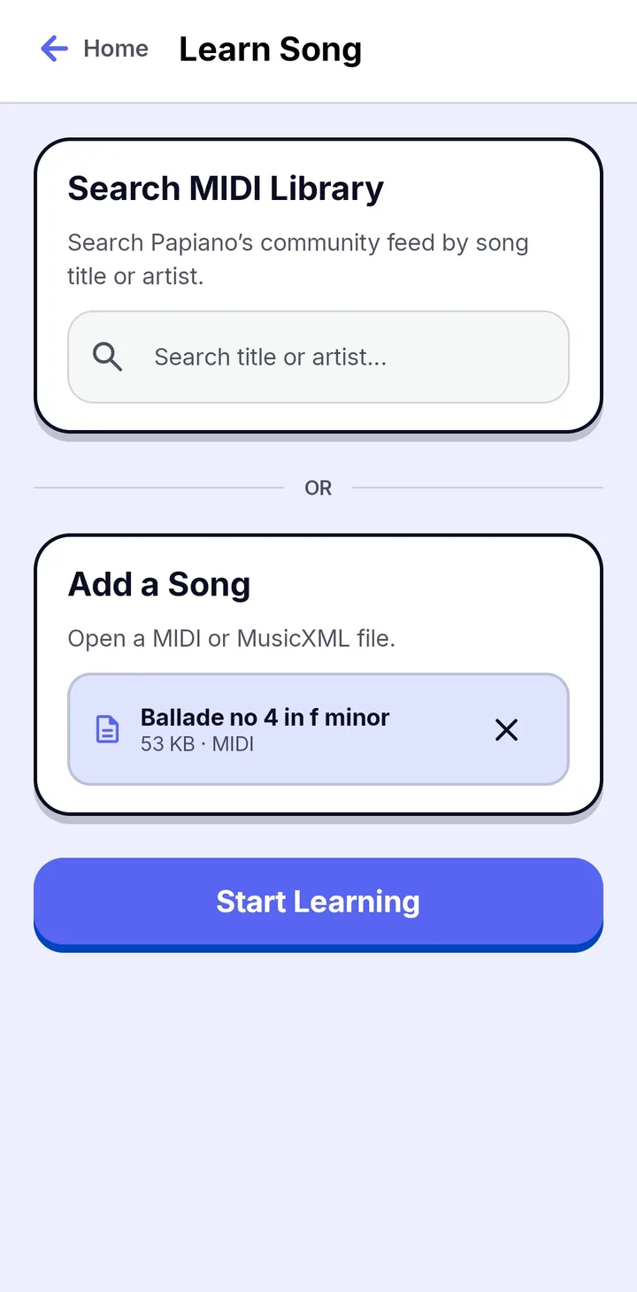 The Papiano Learn Song start screen with a MIDI Library search box, a selected MIDI file and a Start Learning button