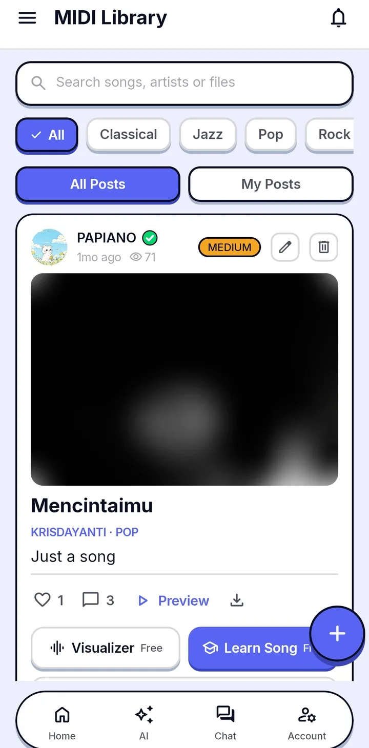 The Papiano MIDI Library with a search box, genre filters, All Posts and My Posts tabs, and a song post with likes, comments, a Preview button and Visualizer and Learn Song buttons