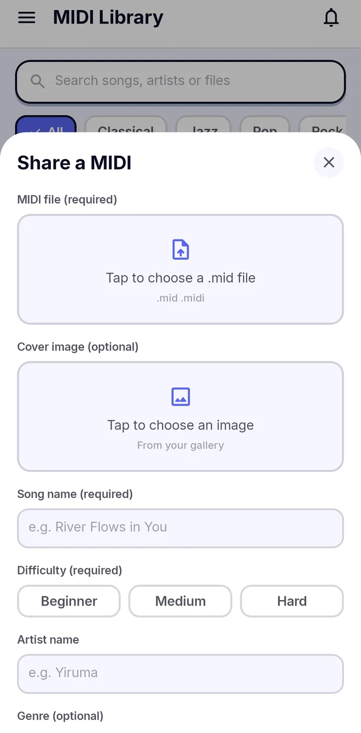 The Share a MIDI form in Papiano with a MIDI file picker, an optional cover image, song name, difficulty and artist fields