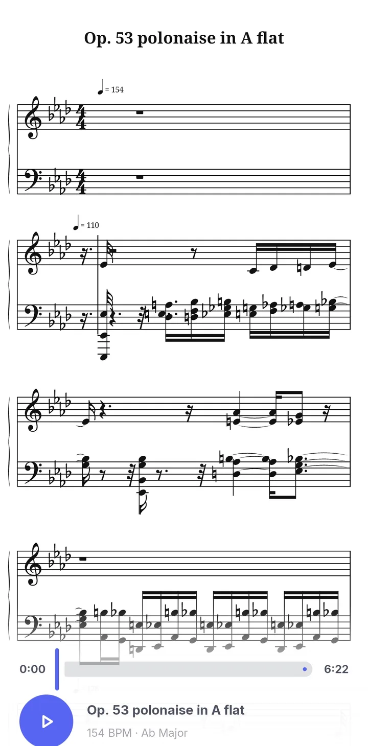 Pemutar partitur Papiano yang menampilkan partitur piano di paranada kunci G dan kunci F dengan tombol putar dan slider progres