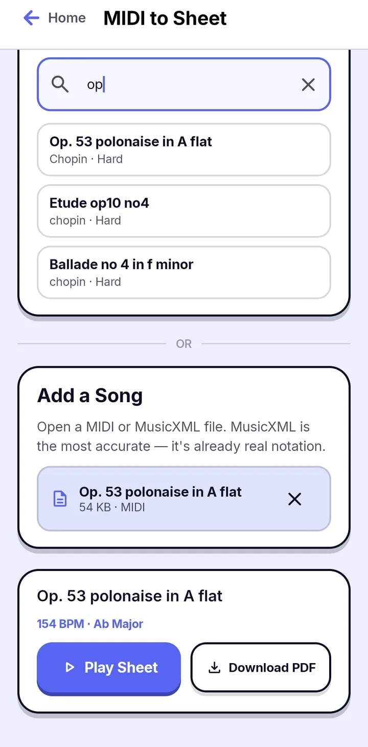 Lagu yang sudah dipilih di MIDI to Sheet dengan tempo dan nada dasarnya, serta tombol Play Sheet dan Download PDF