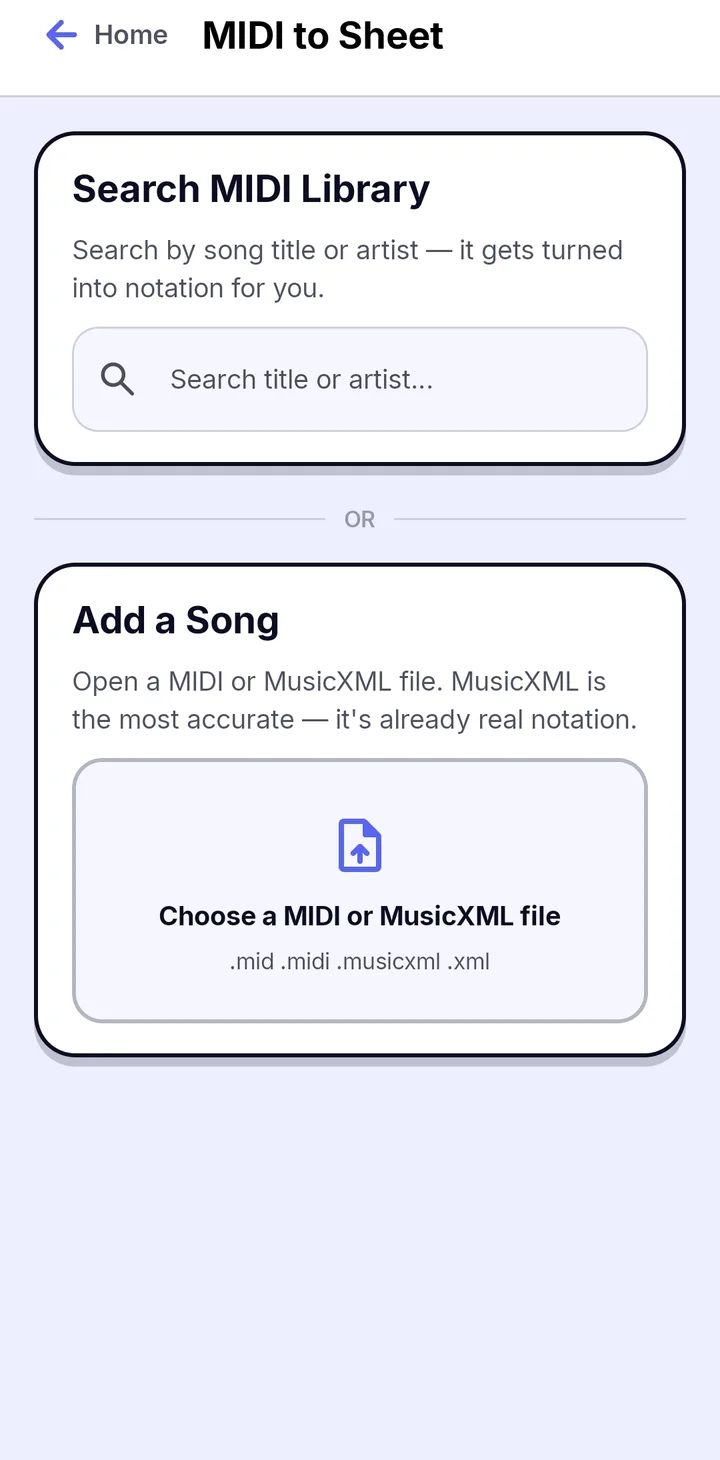 Layar MIDI to Sheet di Papiano dengan kotak pencarian MIDI Library dan pilihan untuk memilih file MIDI atau MusicXML