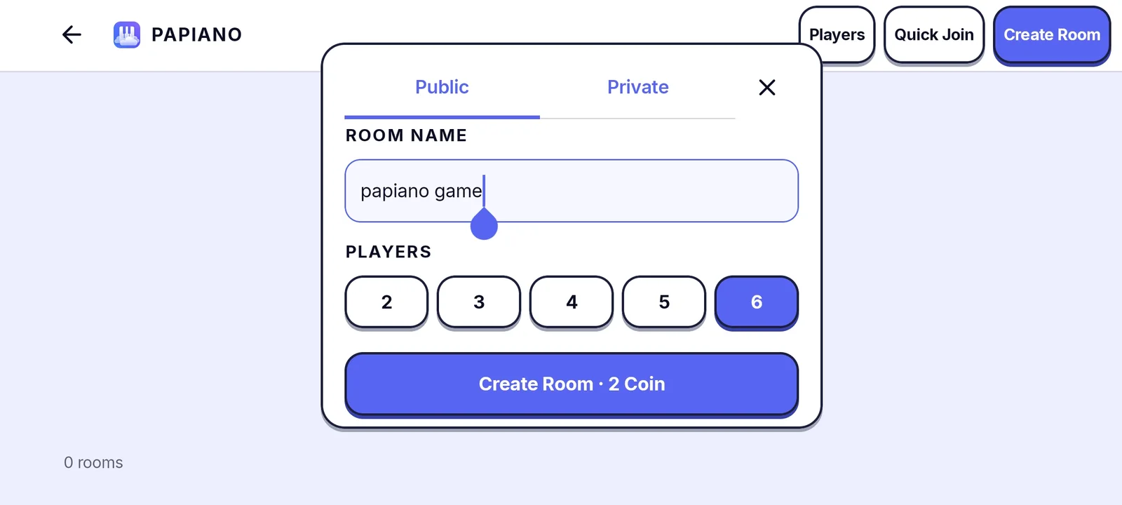 Dialog Create Room di Papiano dengan tab Public dan Private, kolom nama ruang, jumlah pemain 2 sampai 6, dan tombol Create Room yang menampilkan biaya Coin