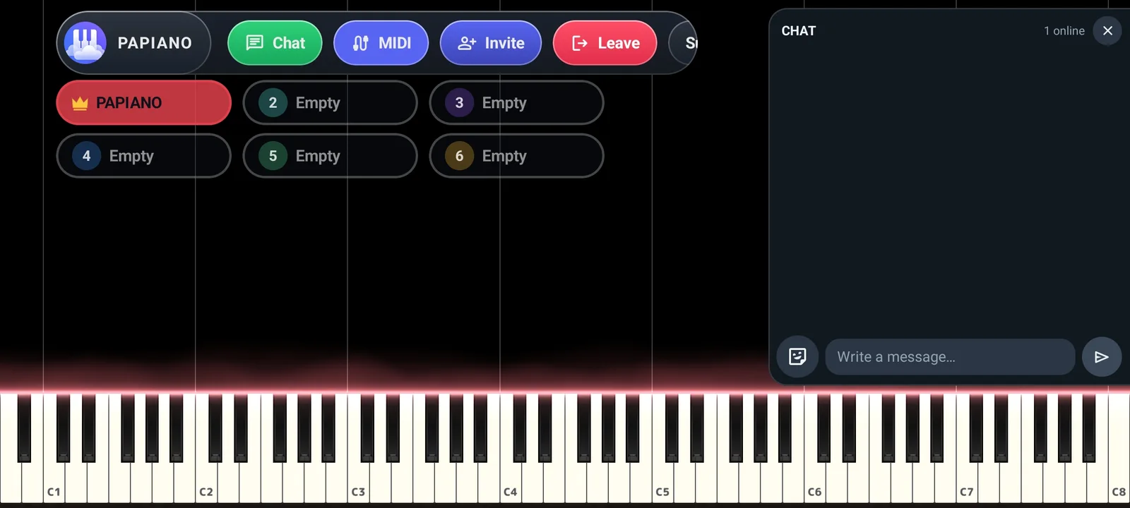 Panggung multiplayer Papiano dengan enam slot pemain, tombol Chat, MIDI, Invite, dan Leave, panel chat, dan keyboard piano di bawahnya