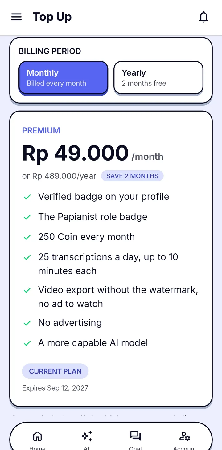 Layar Top Up di Papiano yang menampilkan paket Premium dengan penagihan bulanan dan tahunan serta daftar yang termasuk di dalamnya
