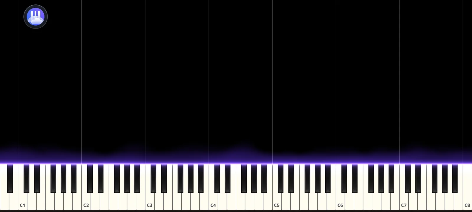 Solo Piano Papiano dalam mode lanskap: keyboard piano kosong berlabel C1 sampai C8 di bawah panggung gelap