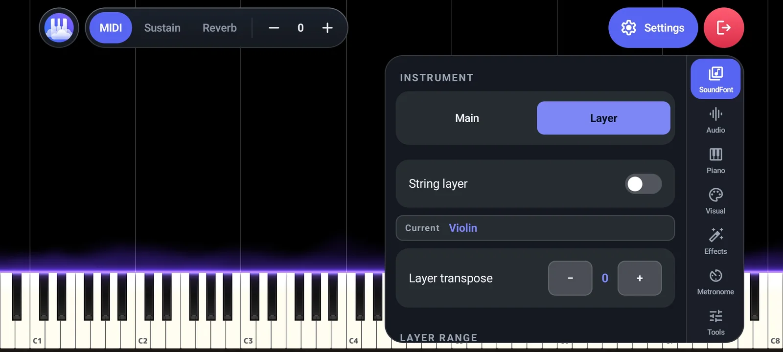 Pengaturan SoundFont di Papiano dengan tab instrumen Main dan Layer, sakelar String layer, instrumen saat ini Violin, dan kontrol Layer transpose