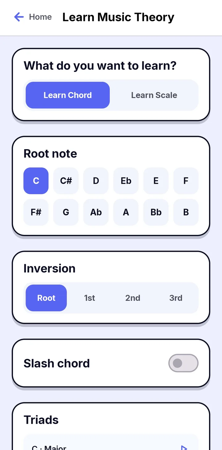 The Learn Chord screen in Papiano with a Learn Chord and Learn Scale switch, twelve root notes, inversion options Root, 1st, 2nd and 3rd, a Slash chord switch and a list of triads