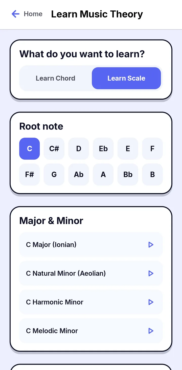 The Learn Scale screen in Papiano with twelve root notes and a Major and Minor list including C Major (Ionian), C Natural Minor (Aeolian), C Harmonic Minor and C Melodic Minor, with Modes below