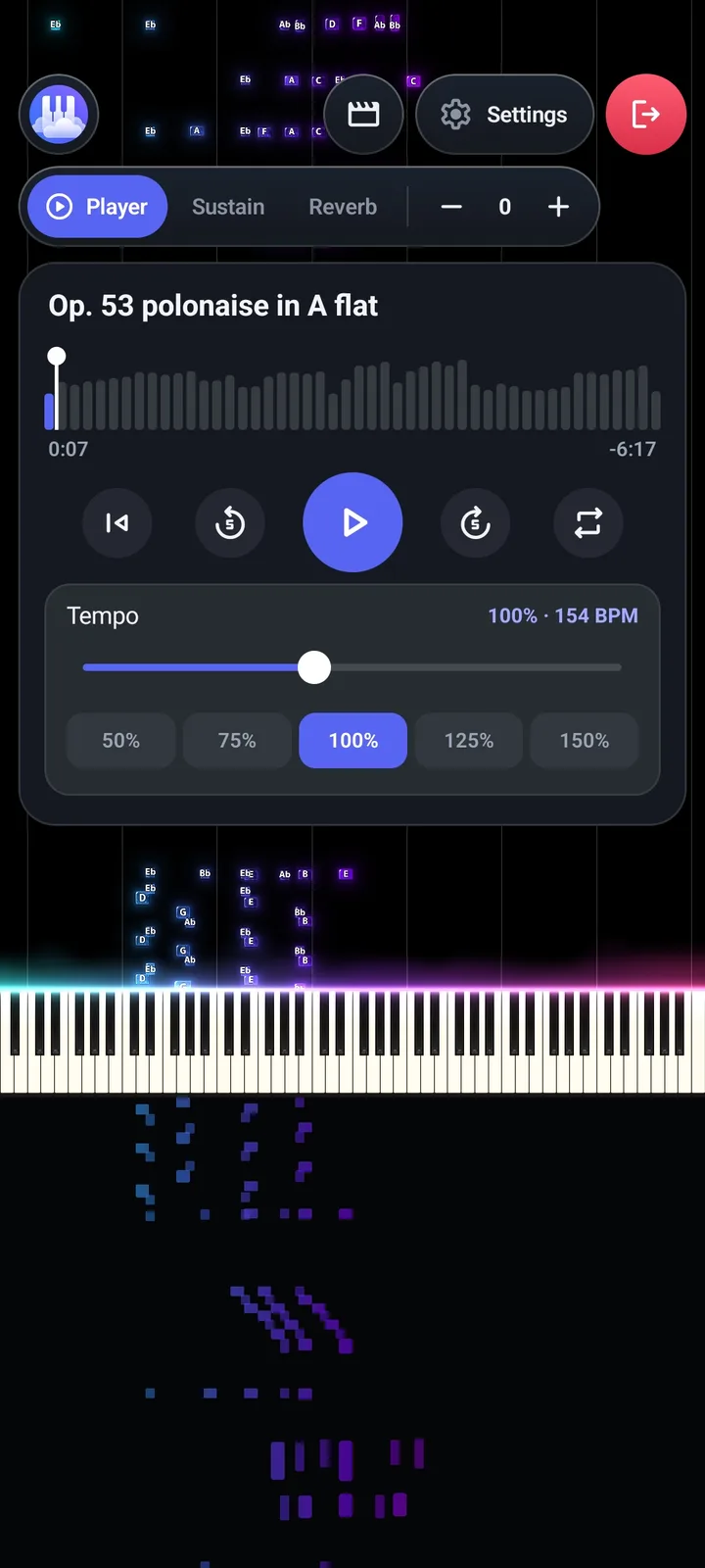 Panel Player Papiano dengan judul lagu, bilah progres, tombol ulang, mundur 5 detik, putar, maju 5 detik, dan ulangi, serta slider tempo dari 50% sampai 150%