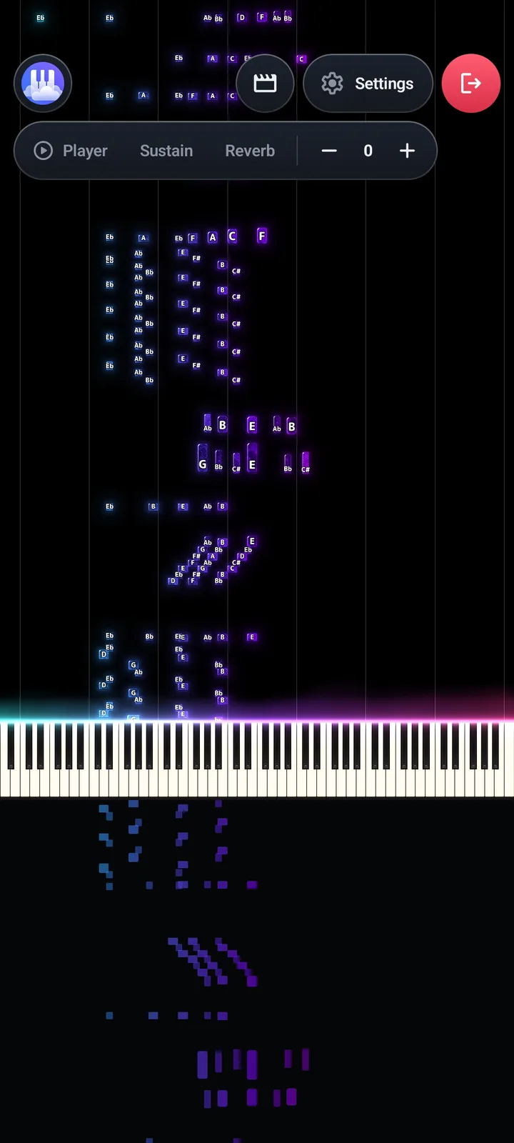 Visualizer Papiano dalam mode potret dengan falling notes di atas keyboard 3D, serta tombol pemutar, efek, dan pengaturan di bagian atas